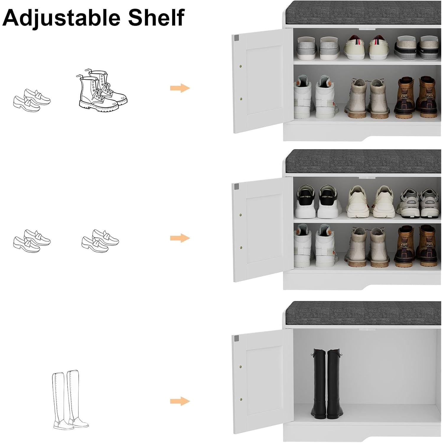 Homleke 2-Tier Storage Bench, Shoe Bench with Thickened Padded Seat Cushion, Entryway Bench with 4 Doors, Adjustable Shelf, 13.8" D x 45.3" W x 18.5" H, for Entryway, Living Room, Bedroom, White