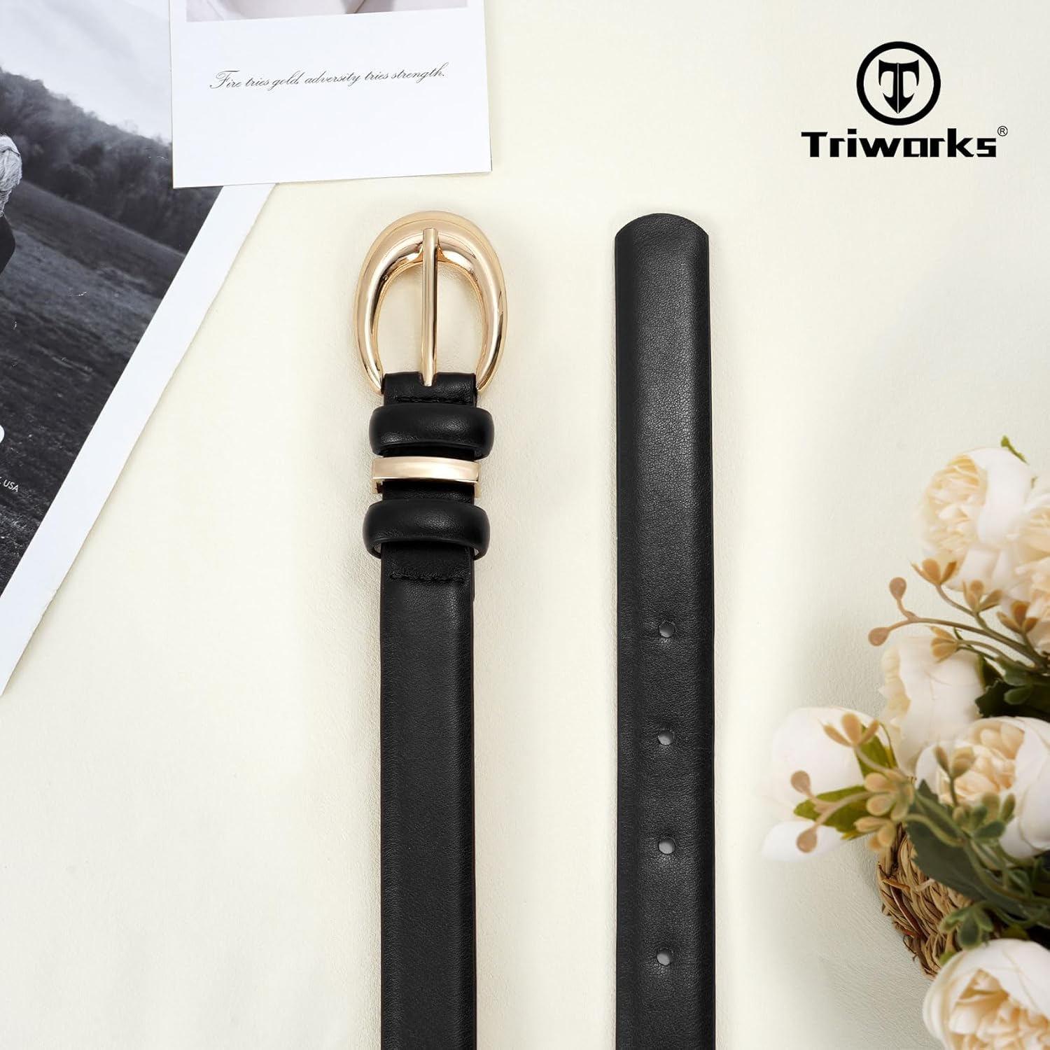TRIWORKS Women Leather Belt for Jeans Pants Fashion Ladies Skinny Faux Leather Dress belt with Gold Buckle