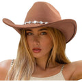 Western Cowboy Hat for Women Men Wide Brim Retro Felt Fedora Cowgirl Hats Classic Unisex Rolled up Caps Outdoor Khaki