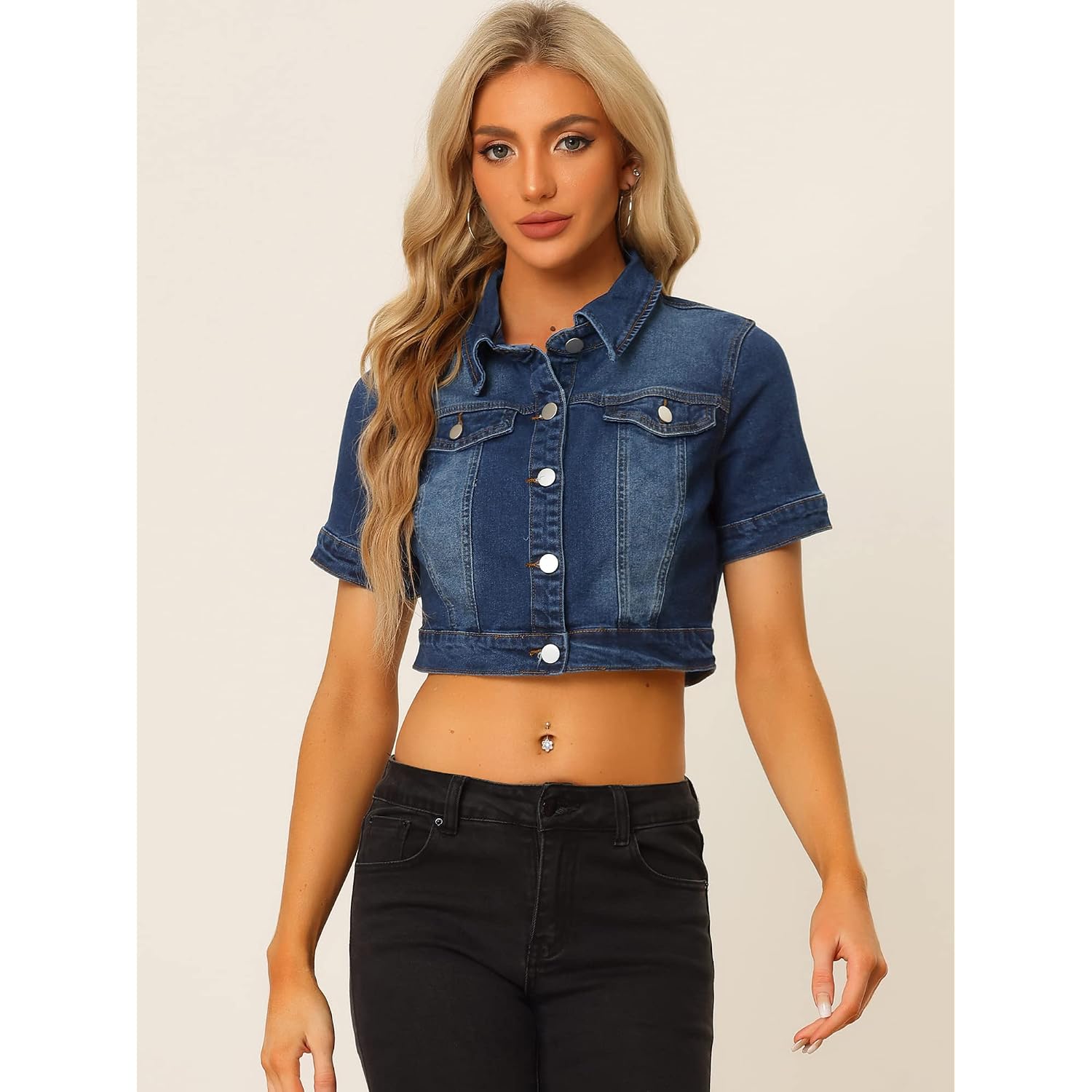 Allegra K Casual Denim Jacket For Women Short Sleeves Crop Jean Denim Jacket