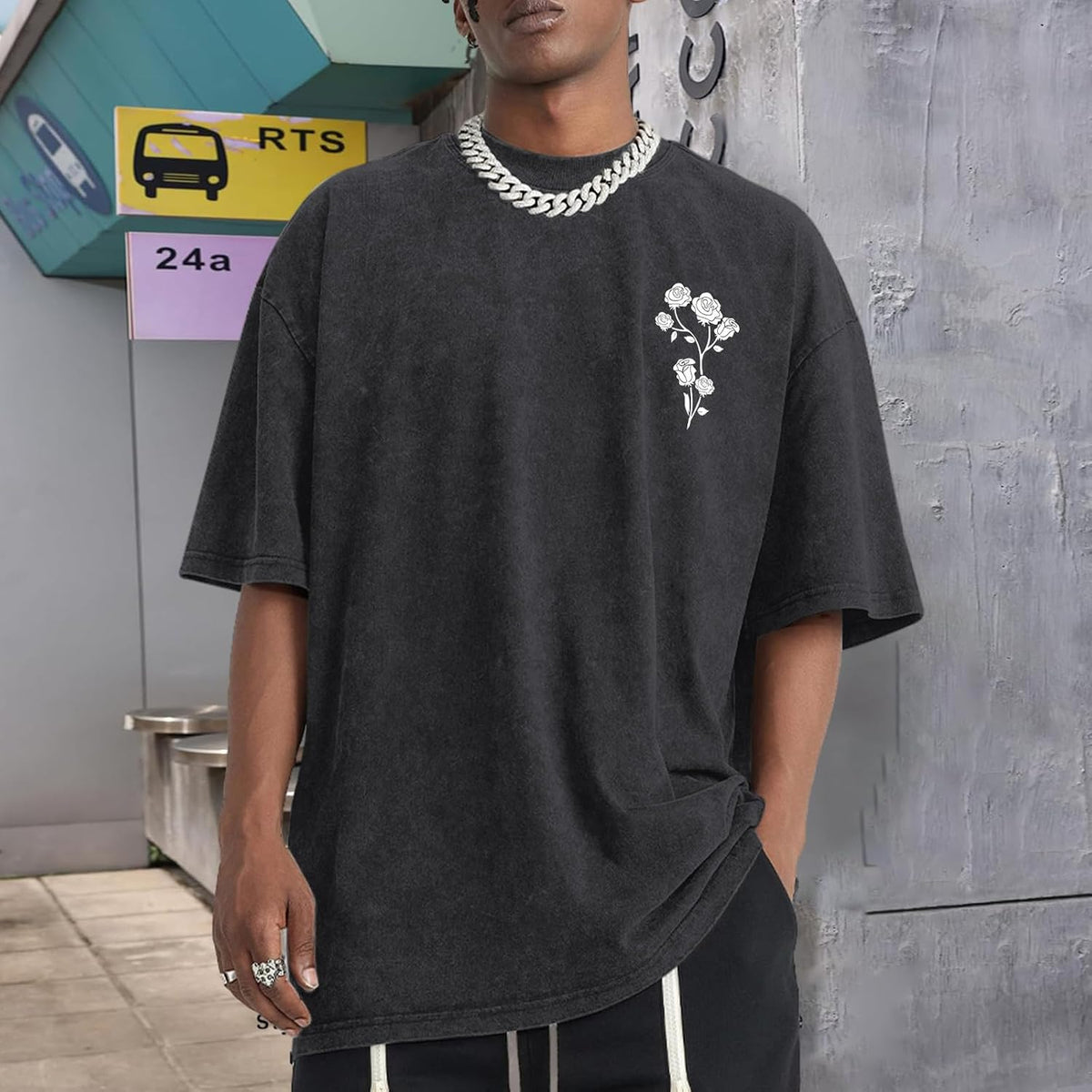 Japanese Graphic Tees For Men Harajuku Rose Flower Floral Shirts Cool Vintage Oversized Streetwear Acid Wash Tops