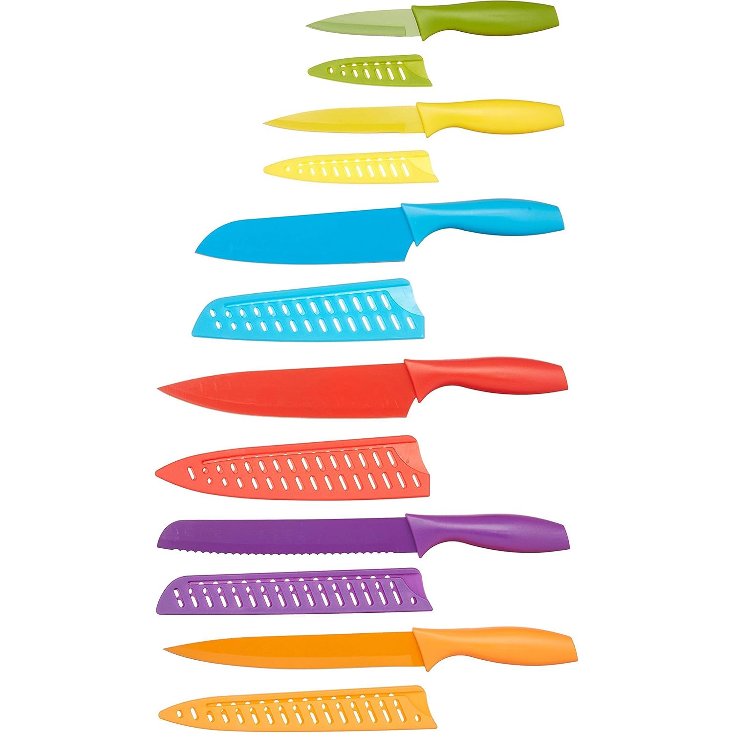Amazon Basics Color-Coded Dishwasher Safe Kitchen Knife Set, 12-Piece with Ergonomic Handles, Non-stick Sharp Blades, 6 Knives with 6 Blade Guards, Multicolor, 13.88 x 4.13 x 1.38 inch