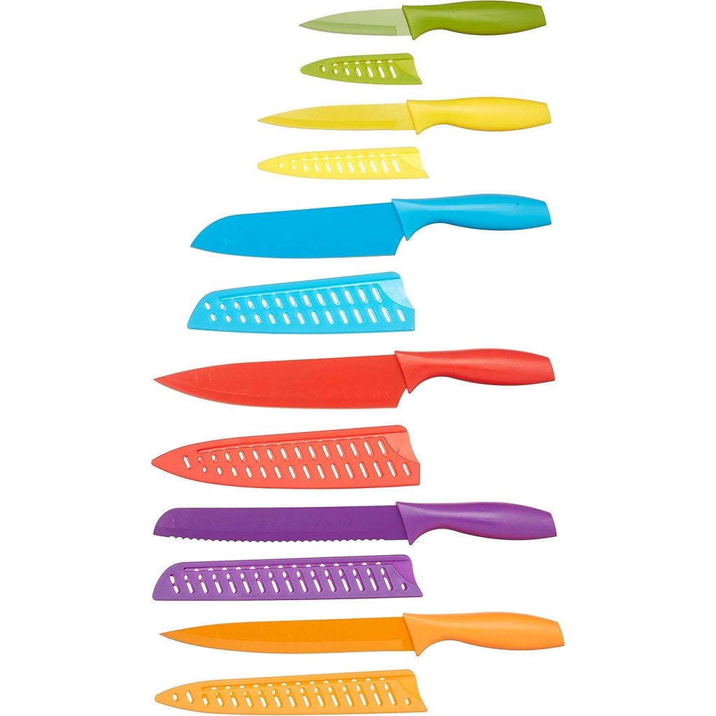 Amazon Basics Color-Coded Dishwasher Safe Kitchen Knife Set, 12-Piece With Ergonomic Handles, Non-Stick Sharp Blades, 6 Knives With 6 Blade Guards, Multicolor, 13.88 X 4.13 X 1.38 Inch