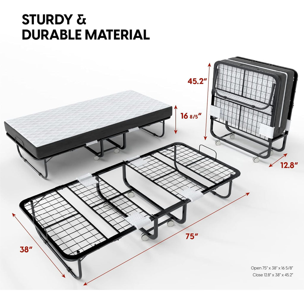 Econohome Folding Bed With Mattress - 75X38 Twin Size Frame - Portable Rollaway Guest Bed With 5-Inch Memory Foam Mattress - Space-Saving Foldable Design For Easy Storage