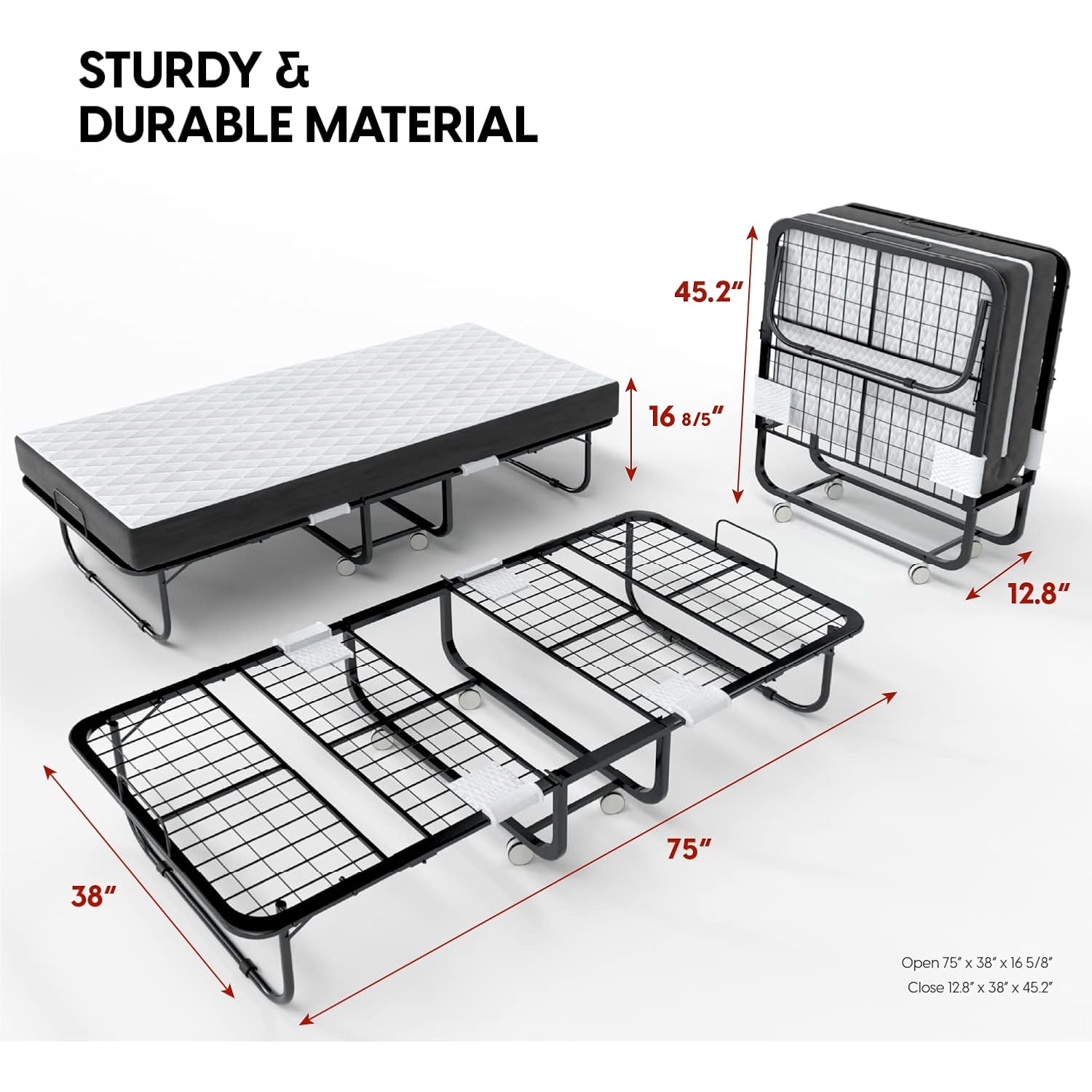 Econohome Folding Bed With Mattress - 75X38 Twin Size Frame - Portable Rollaway Guest Bed With 5-Inch Memory Foam Mattress - Space-Saving Foldable Design For Easy Storage