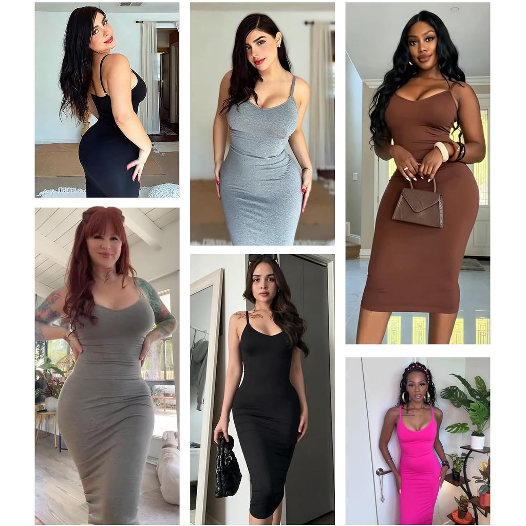 Feelingirl Women'S Bodycon Midi Dresses Built In Bra Shapewear Sundress Slip