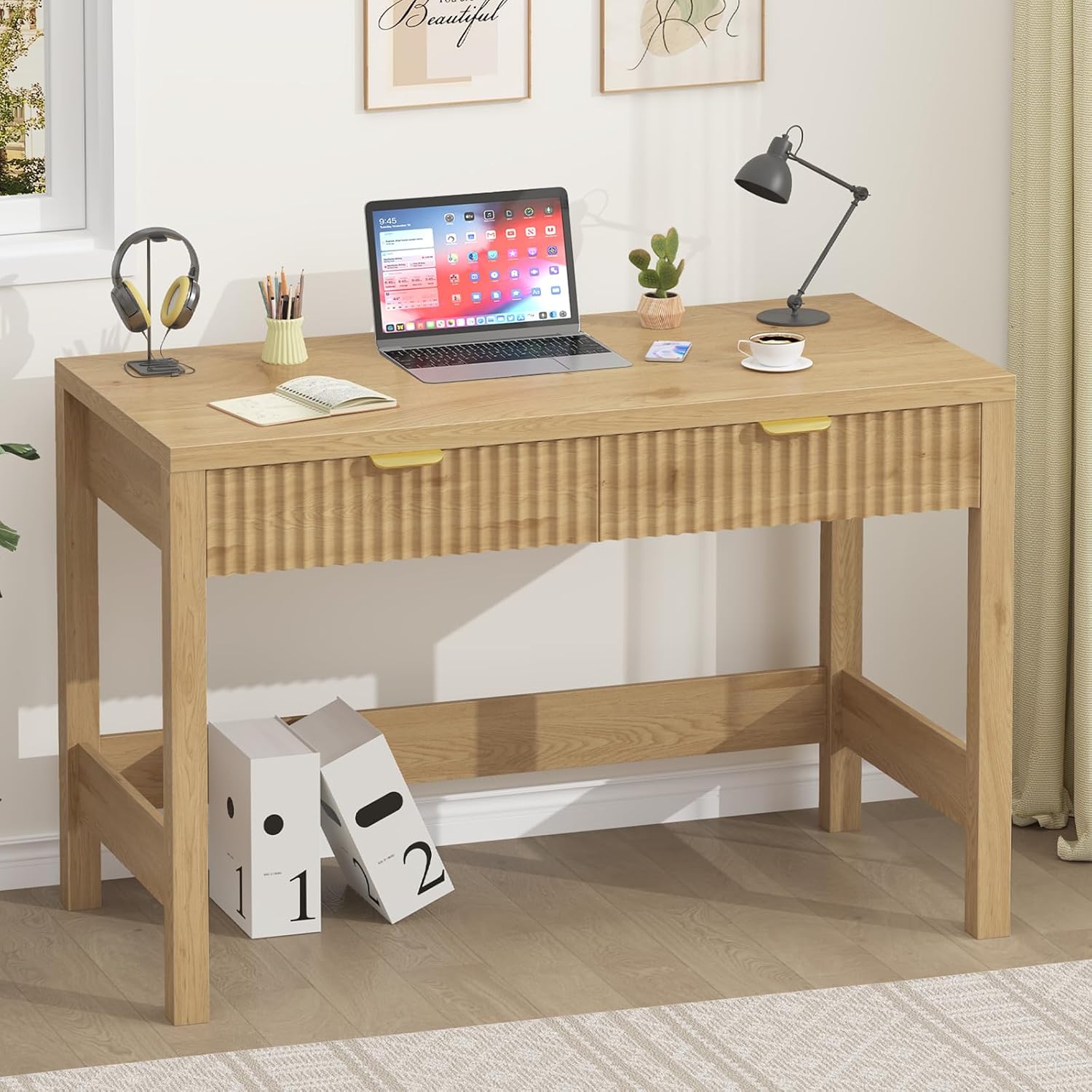 Fluted Computer Desk With 2 Drawers, 39 Inch Small Computer Desk With Storage, Compact Writing Study Desk For Small Spaces