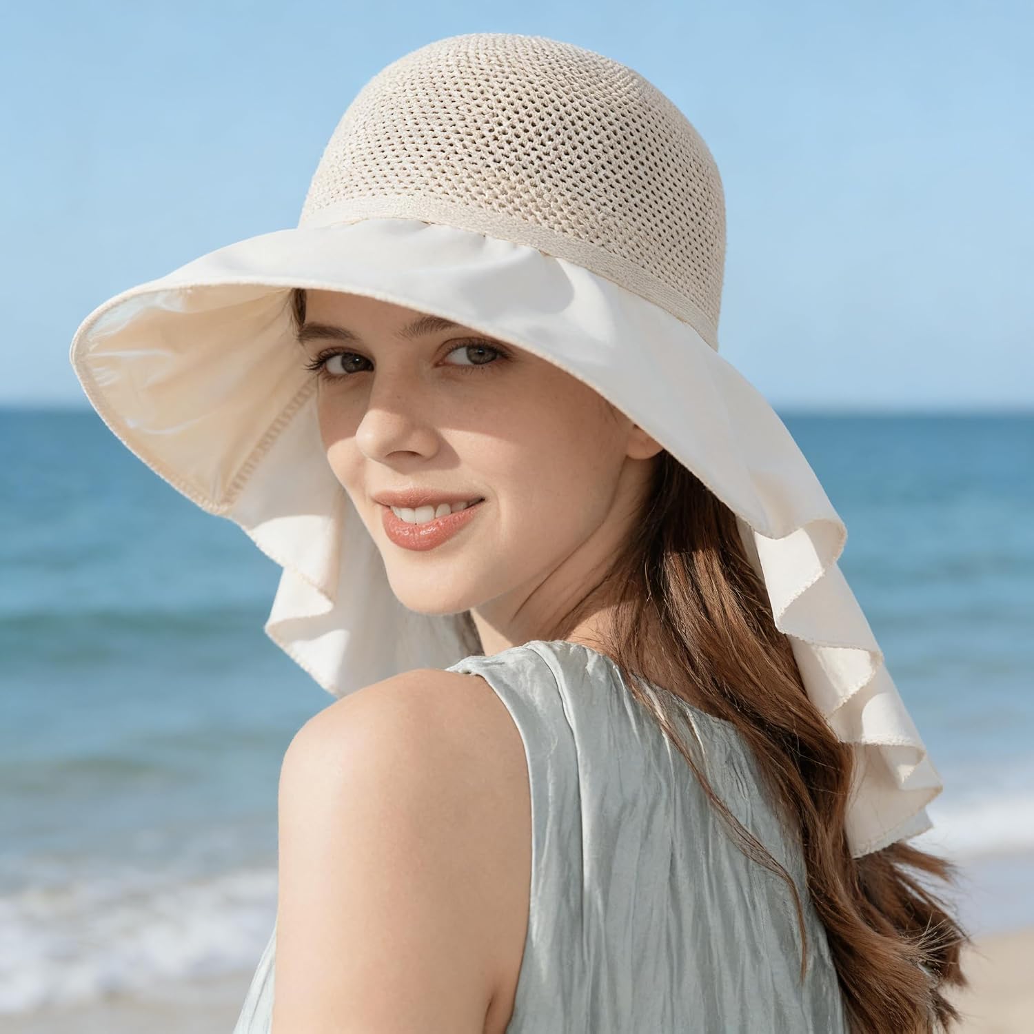 Sun Hats for Women Wide Brim Foldable Bucket Cap with Neck Flap Outdoor UV Protection Beach Hat for Summer Travel Beige