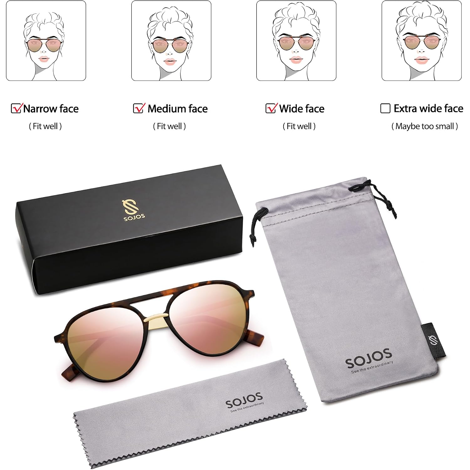 SOJOS Retro Aviator Polarized Sunglasses for Women Men Double Bridge Ladies Shades Tortoise Frame/Pink Mirrored Lens