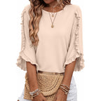 3/4 Length Sleeve Womens Tops Crewneck Ruffle Sleeve Shirts Dressy Casual Blouse Summer Fall Fashion Business Outfit