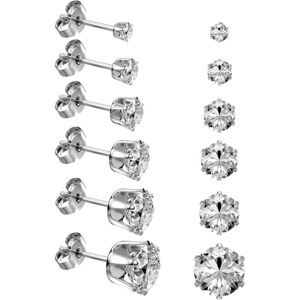6 Pairs Stainless Steel Stud Earrings Set, Silver 14K Gold Plated 316L Stainless Steel Hypoallergenic Cubic Zirconia CZ Earring for Women Men 3-8mm