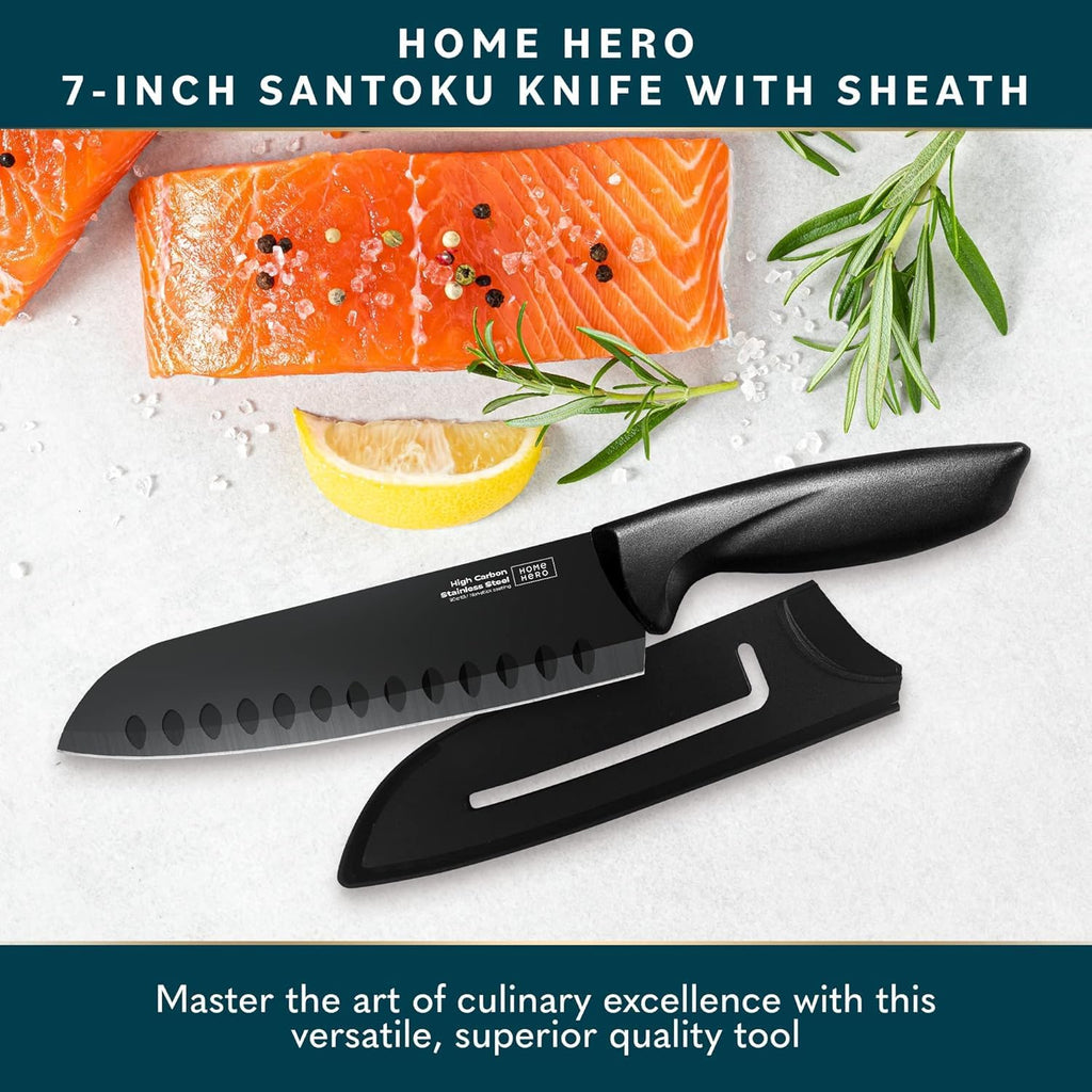 Home Hero 7-Inch Santoku Knife With Sheath 2 Pcs - Non-Stick Chopping Knife, High Carbon Stainless Steel Kitchen Knife With Cover, Ergonomic Handle, Razor-Sharp Vegetable Cutting Knife (Black)