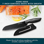 Home Hero 7-Inch Santoku Knife With Sheath 2 Pcs - Non-Stick Chopping Knife, High Carbon Stainless Steel Kitchen Knife With Cover, Ergonomic Handle, Razor-Sharp Vegetable Cutting Knife (Black)