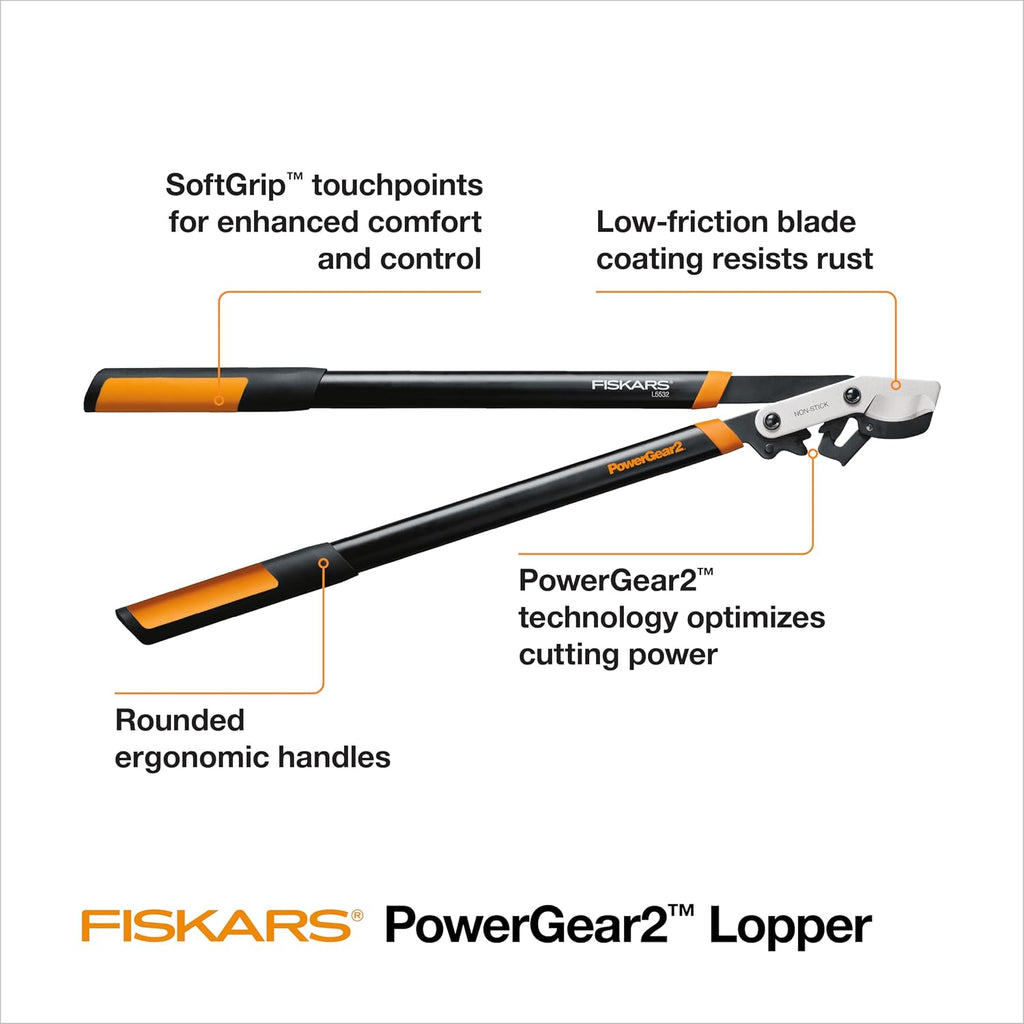 Fiskars 32-Inch Loppers For Tree Trimming, Heavy Duty, Low-Friction Sharp Steel Blade, Branch Cutter Up To 2-Inch Diameter Cut Capacity, Powergear2 Technology That Multiplies Power For Less Effort