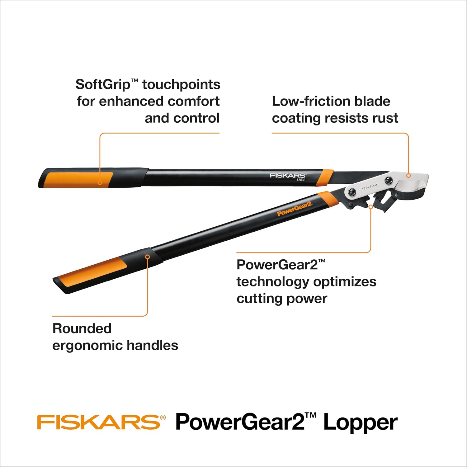 Fiskars 32-Inch Loppers For Tree Trimming, Heavy Duty, Low-Friction Sharp Steel Blade, Branch Cutter Up To 2-Inch Diameter Cut Capacity, Powergear2 Technology That Multiplies Power For Less Effort