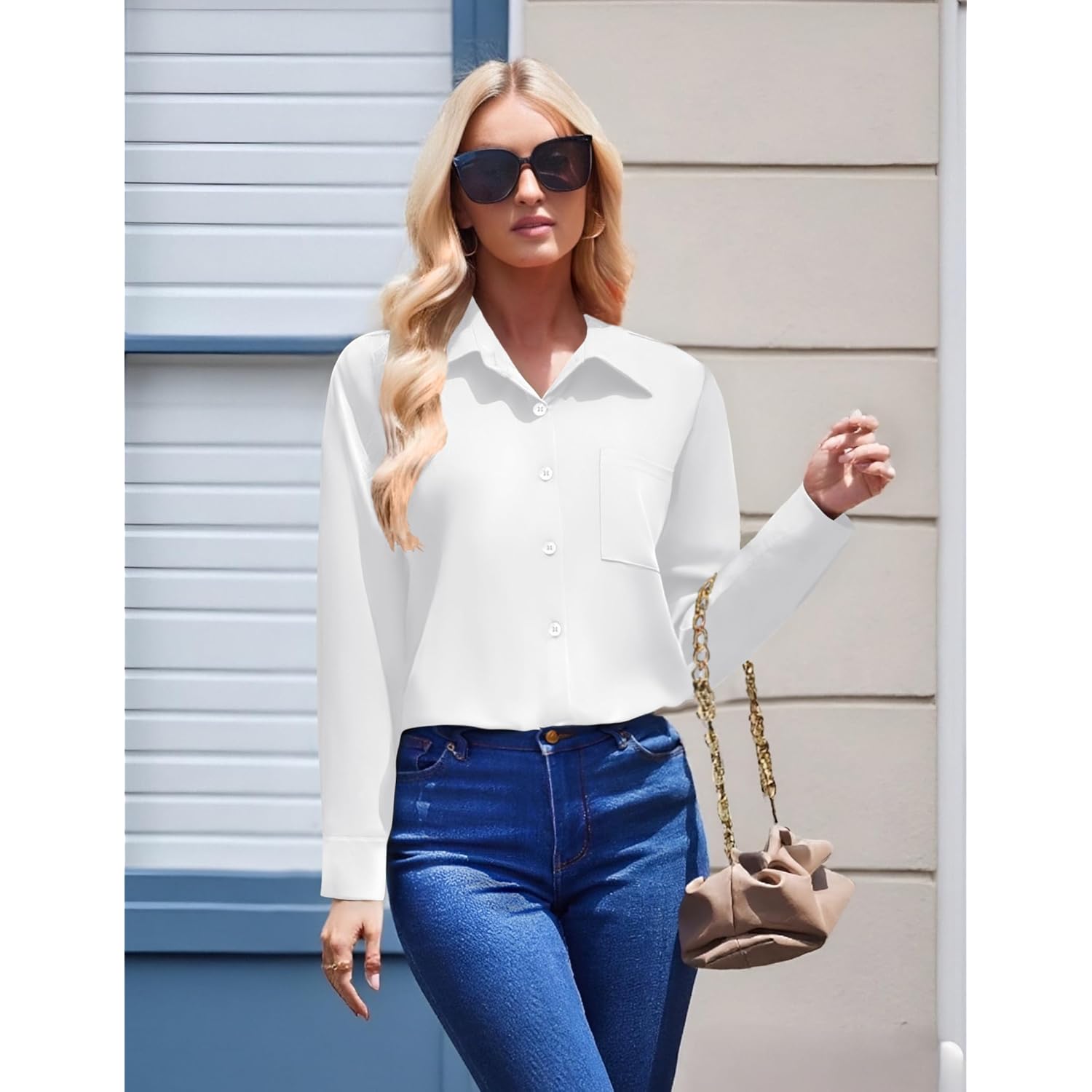 Womens Button Down Shirt Long Sleeve Blouse Business Work Tops Dressy Casual Floral Printed Outfits with Pocket