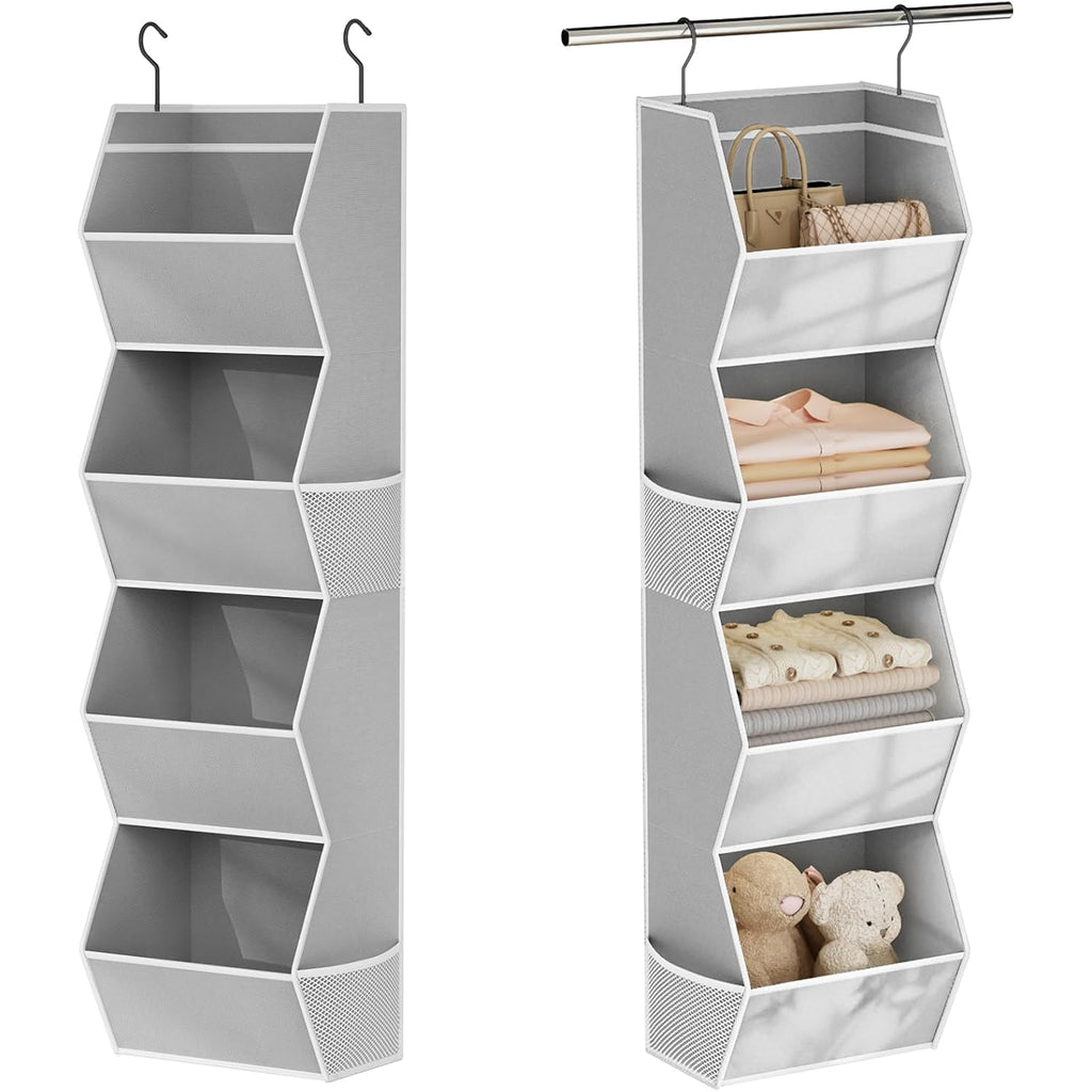 Hanging Closet Organizer 4 Shelf Collapsible Bedroom Closet Organizers And Storage Hanging With Mesh Pockets For Clothes, Fabric Hanging Storage Bins For Wardrobe Closet Organization And Storage, Grey