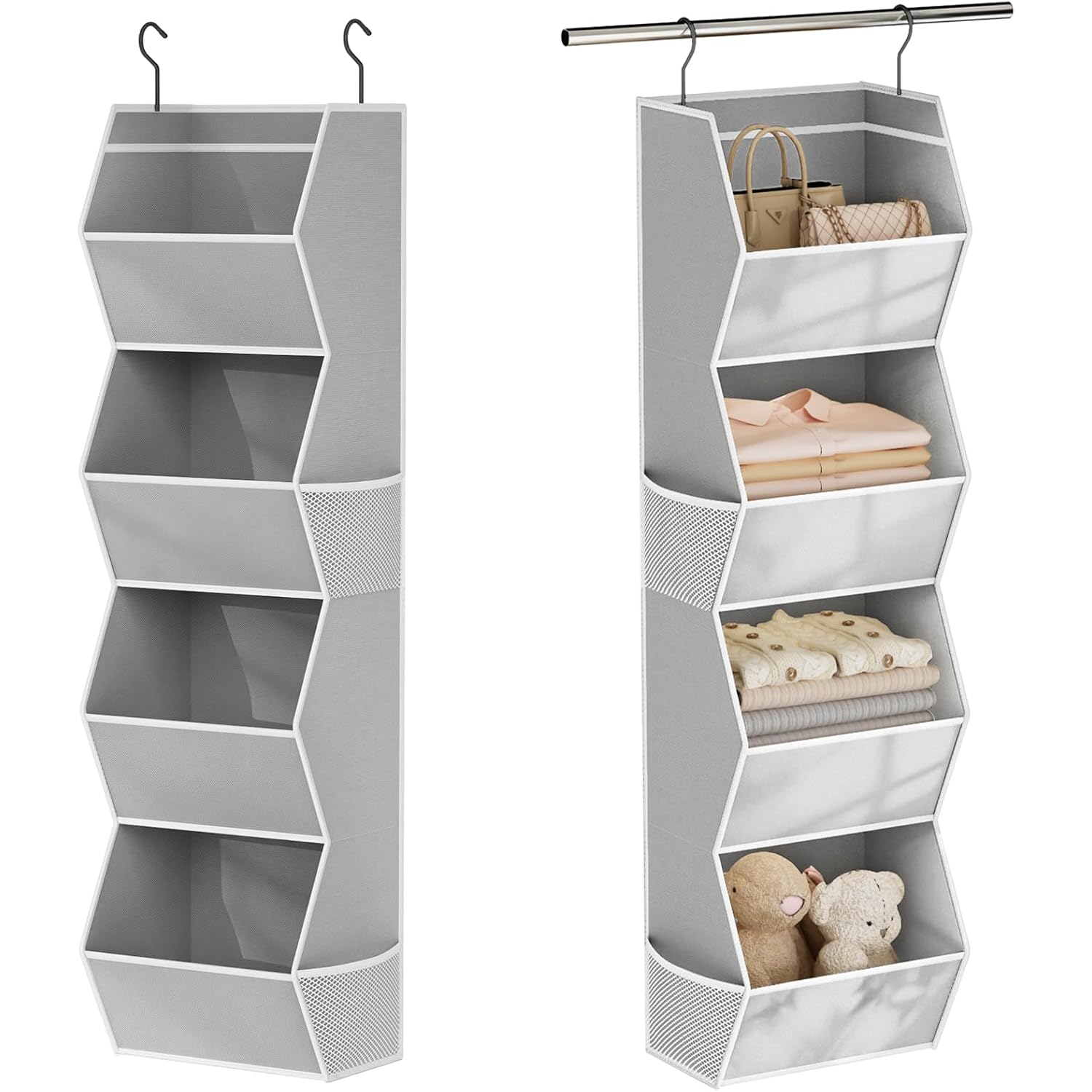 Hanging Closet Organizer 4 Shelf Collapsible Bedroom Closet Organizers And Storage Hanging With Mesh Pockets For Clothes, Fabric Hanging Storage Bins For Wardrobe Closet Organization And Storage, Grey