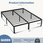 Dumos Queen Size 12" Bed Frame - Metal Platform Bed Frame Mattress Foundation With Steel Slat Support, No Box Spring Needed, Storage Space Under Base, Easy Assembly, Black