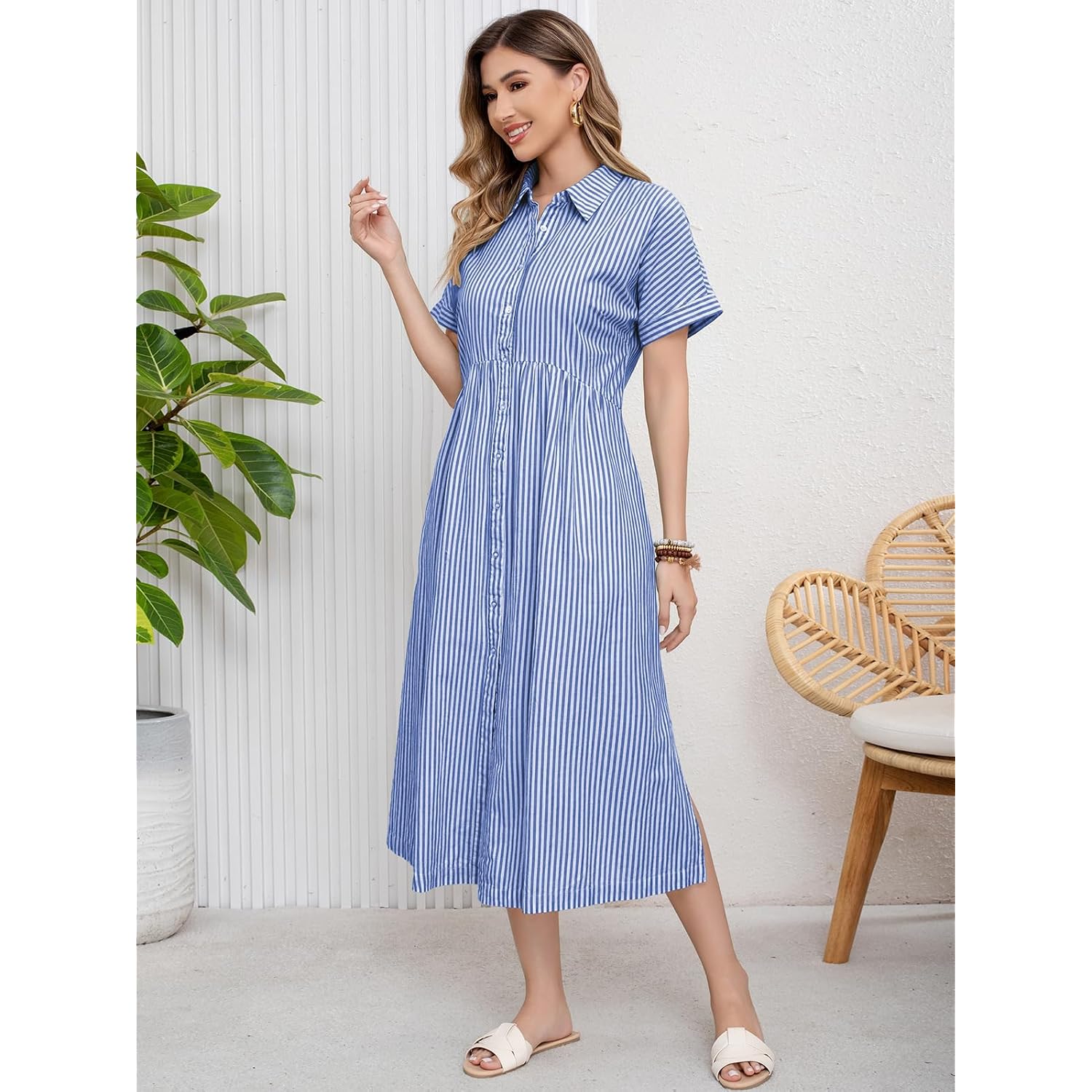 Ebossy Women'S Boho Striped Shirt Dress Button Up Side Slit Loose Mid Long Cotton Dress With Pockets
