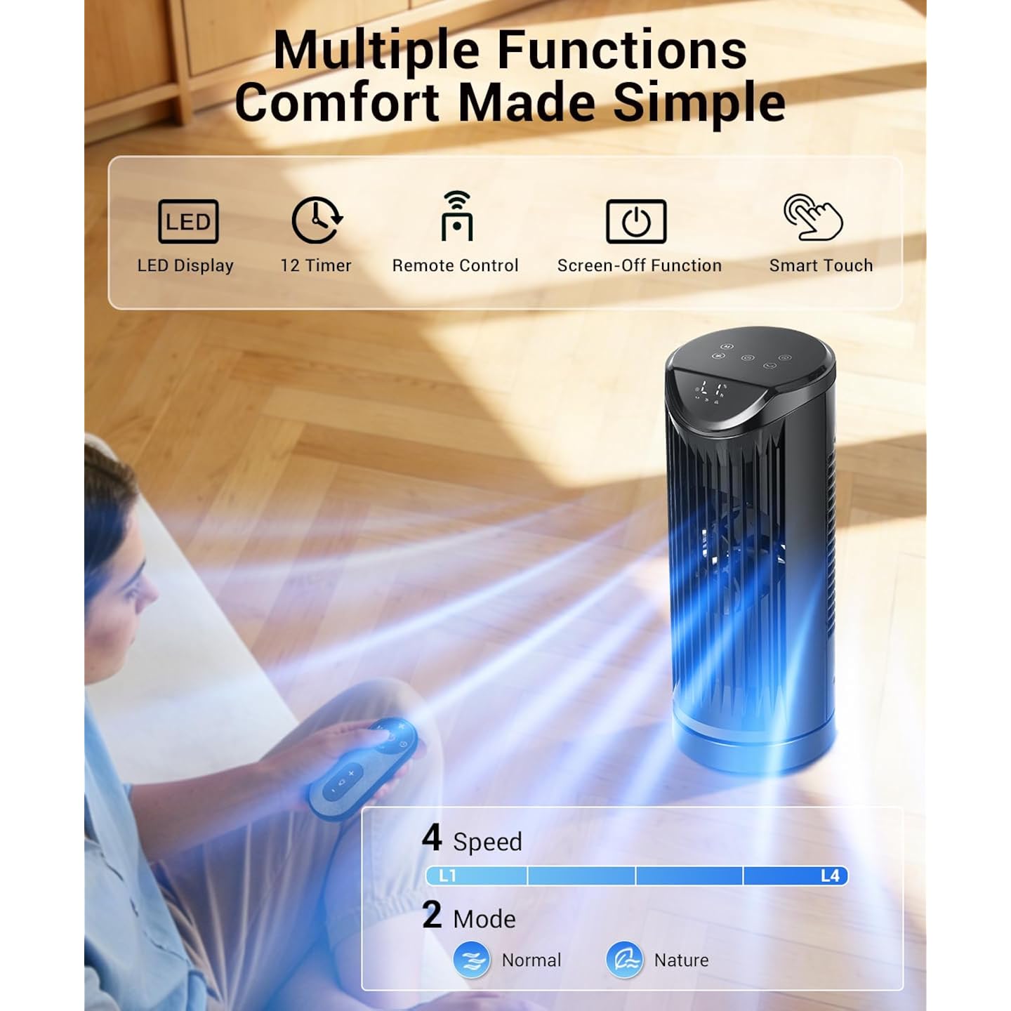 Personal Tower Fan For Bedroom With Remote, Portable Desk Table Fan，4 Speeds Cooling Standing Fan With 12H Timer, 60° & 110° Oscillating Floor Tower Fans That Blows Cold Air For Bedroom Office,Black