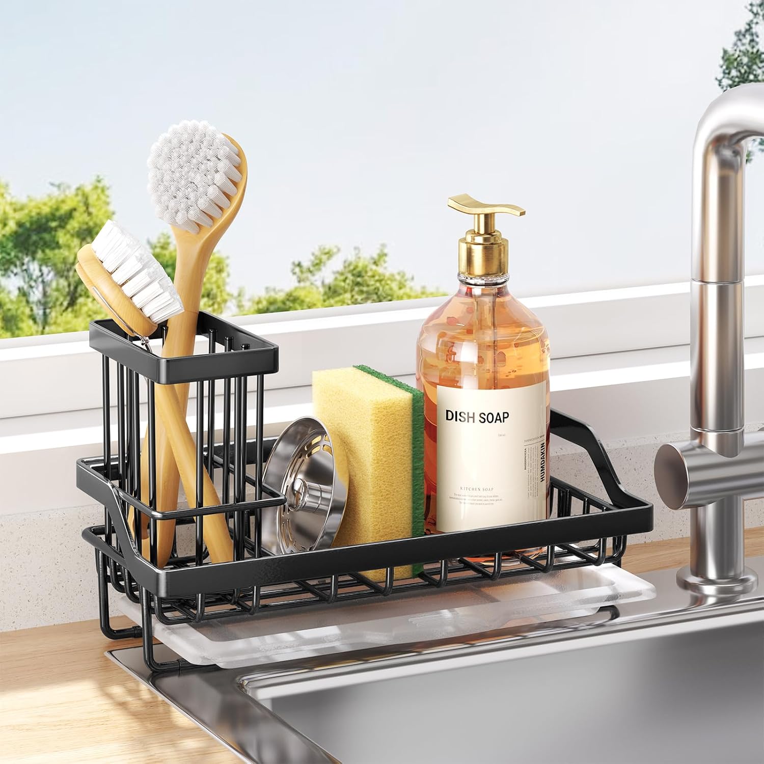 Sponge Holder For Kitchen Sink - Kitchen Sink Caddy Organizer With Removable Drip Tray For Countertop Dish Soap Dispenser Brush Storage Accessories 304 Stainless Steel - Black