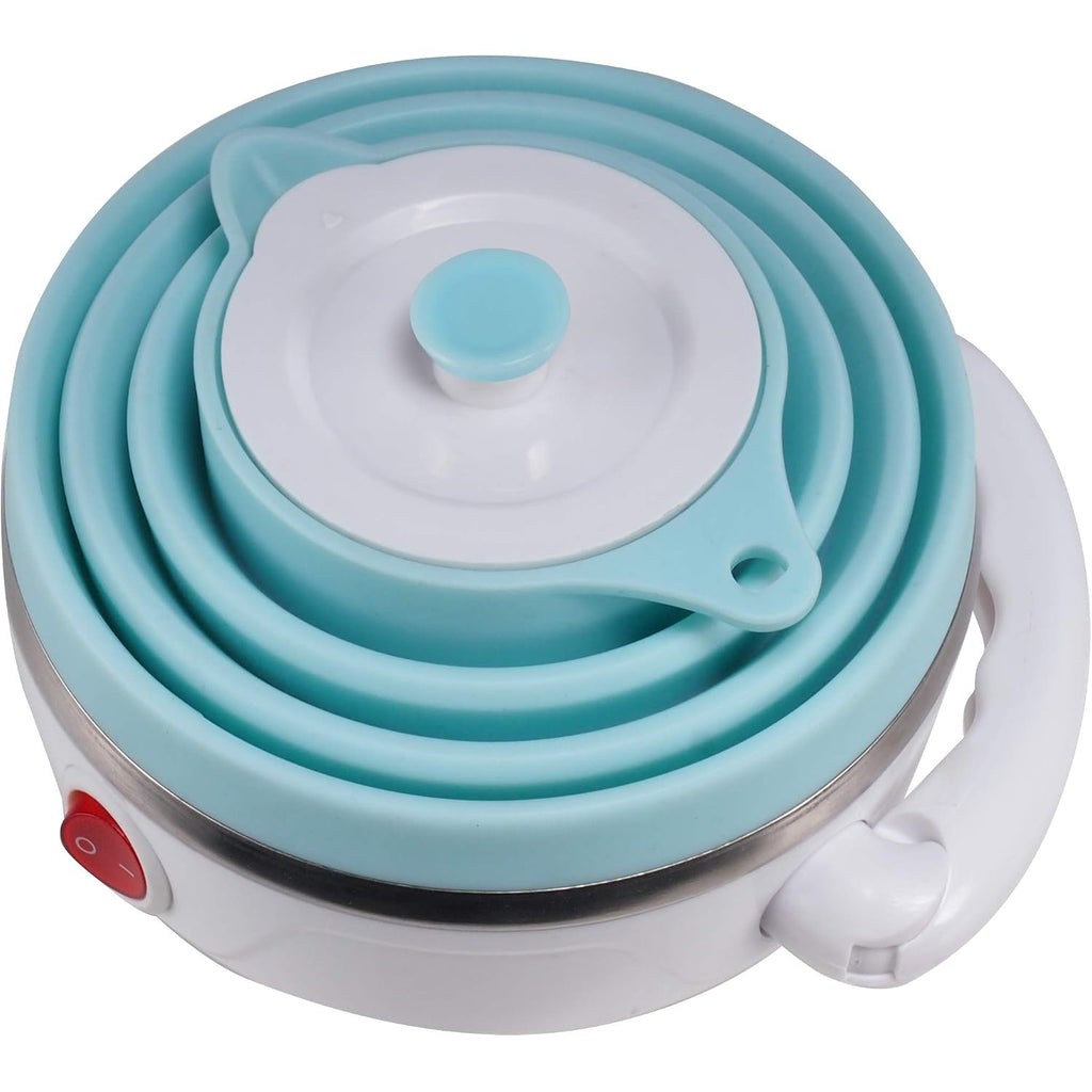 Travel Foldable Electric Kettle, Collapsible Electric Kettle Food Grade Silicone Small Pot Boiling Water,Dual Voltage（600Ml,110-220V Us Plug） (Blue)