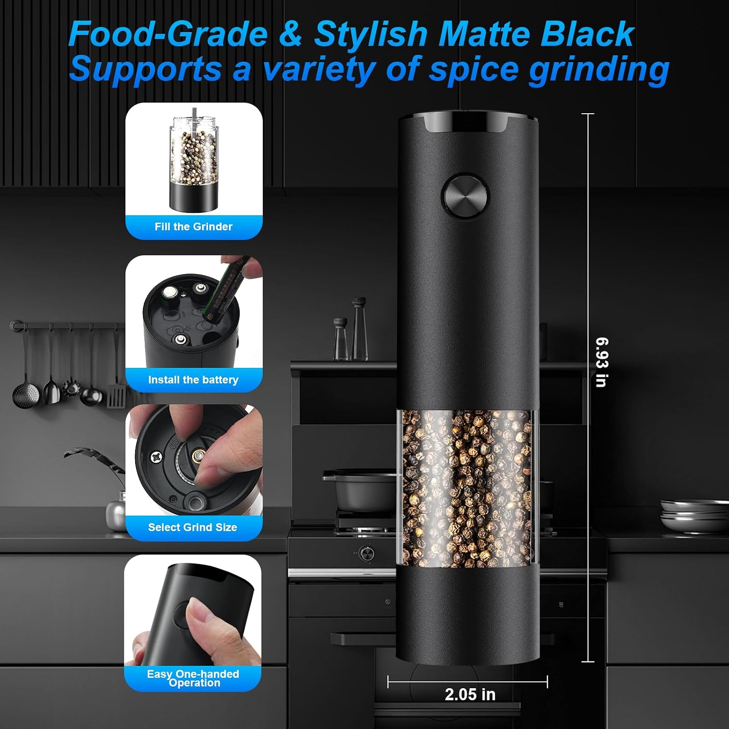 Electric Pepper Or Salt Grinder,Adjustable Coarseness Salt & Pepper Mill,With Led Light,Easy To Clean,Battery Powered,One Handed Operation,Kitchen Essential（1 Pack/Black）