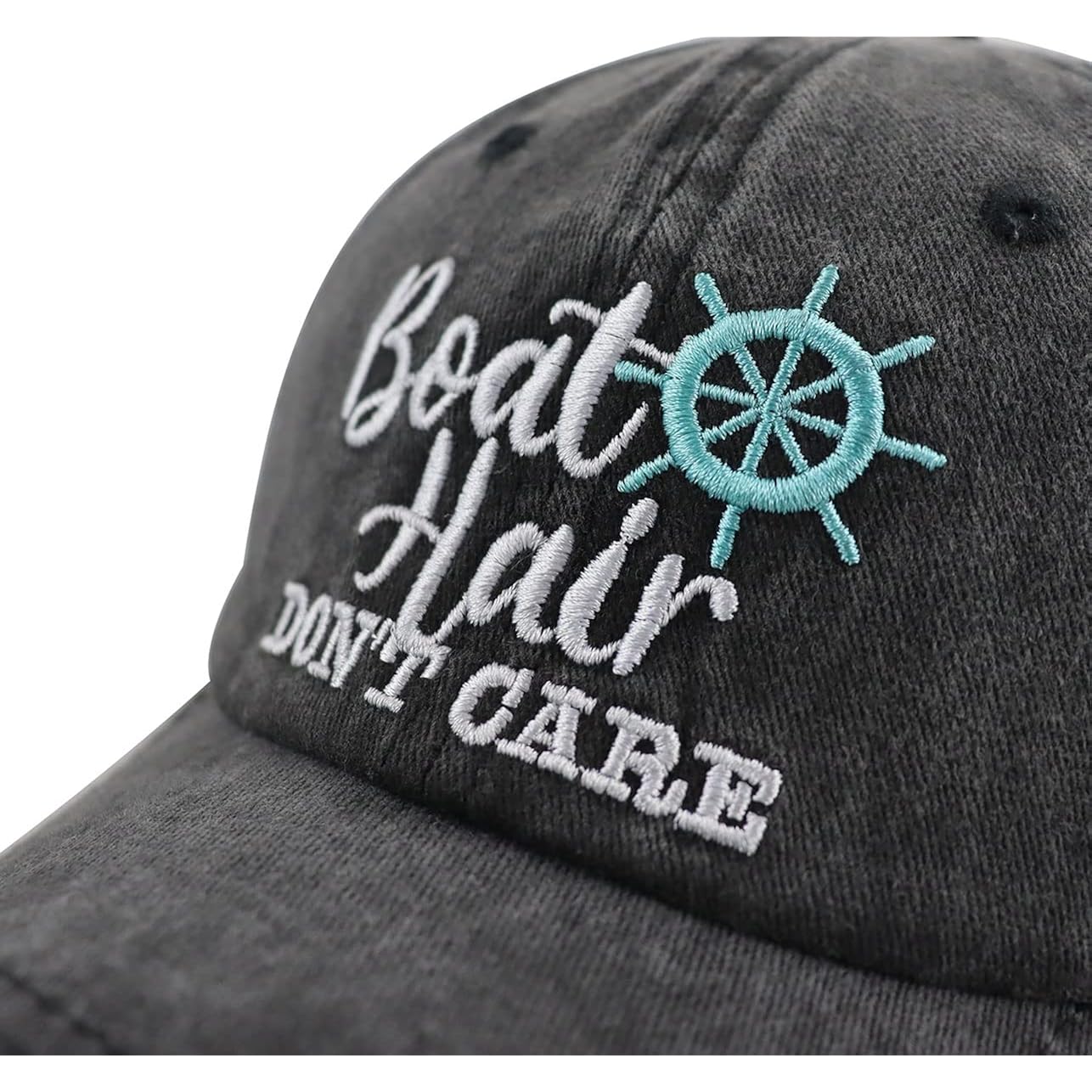 Boat Hair Don't Care Hats for Men Women, Adjustable Embroidered Cotton Washed Distressed Denim Fishing Baseball Cap Black