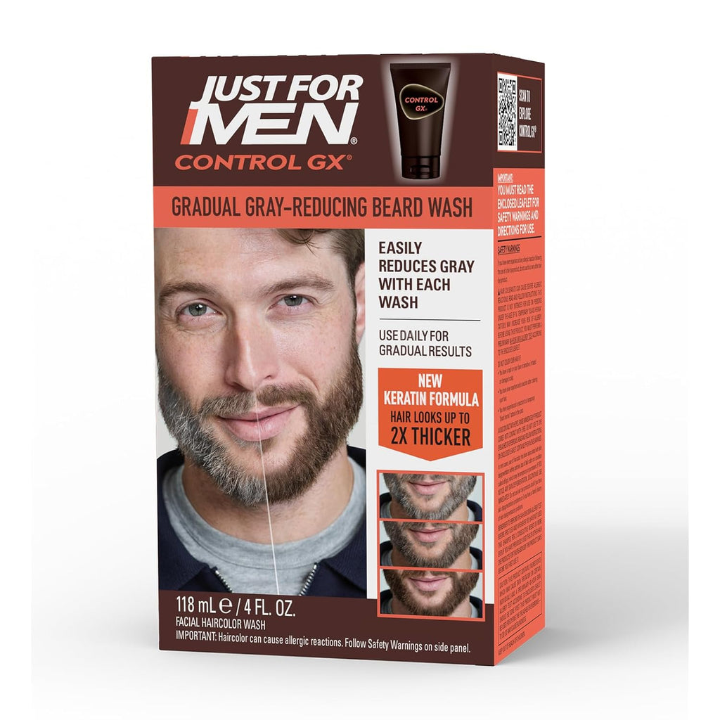 Just for Men Control GX Grey Reducing Beard Wash Shampoo with Keratin, Gradually Colors Mustache and Beard, Leaves Facial Hair Thicker Softer and Fuller, 4 Fl Oz - Pack of 1 (Packaging May Vary)