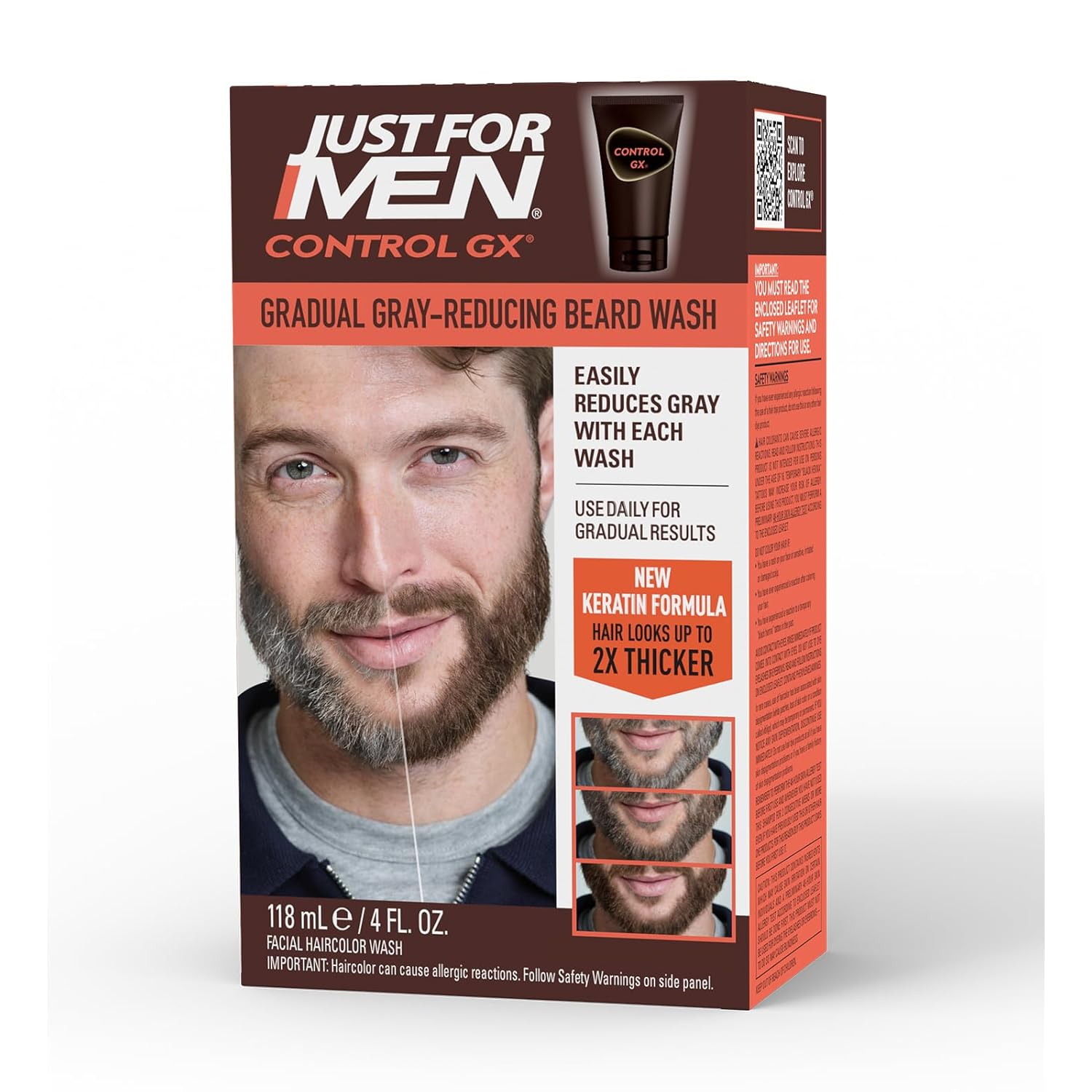 Just for Men Control GX Grey Reducing Beard Wash Shampoo with Keratin, Gradually Colors Mustache and Beard, Leaves Facial Hair Thicker Softer and Fuller, 4 Fl Oz - Pack of 1 (Packaging May Vary)