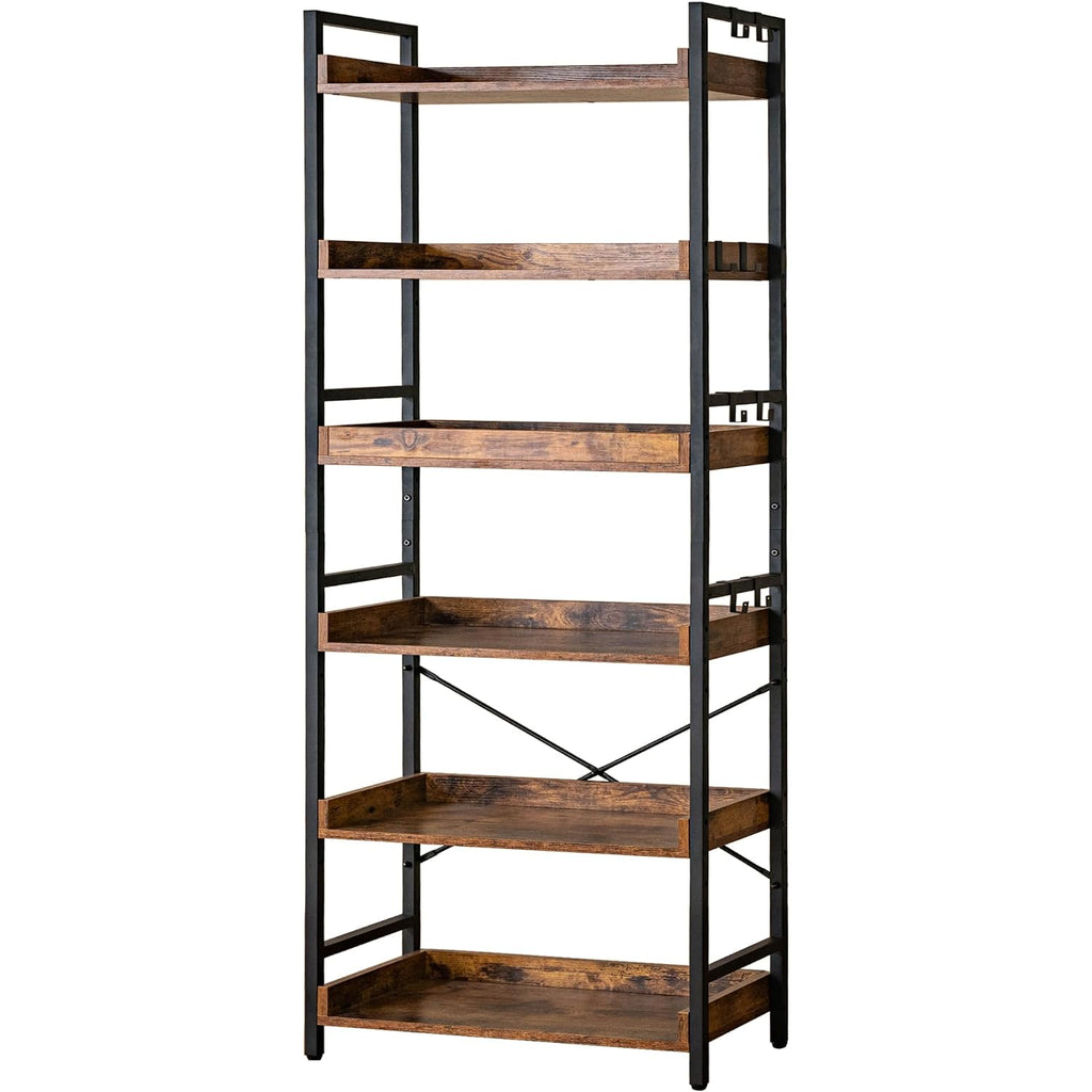 Hchqhs Adjustable 6 Tier Open Bookcase, Rustic Farmhouse Book Shelves, Industrial Wood And Black Metal Bookshelves, Mid Century Bookcase For Home Office Living Room Bedroom