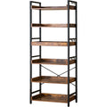 Hchqhs Adjustable 6 Tier Open Bookcase, Rustic Farmhouse Book Shelves, Industrial Wood And Black Metal Bookshelves, Mid Century Bookcase For Home Office Living Room Bedroom