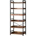 Hchqhs Adjustable 6 Tier Open Bookcase, Rustic Farmhouse Book Shelves, Industrial Wood And Black Metal Bookshelves, Mid Century Bookcase For Home Office Living Room Bedroom