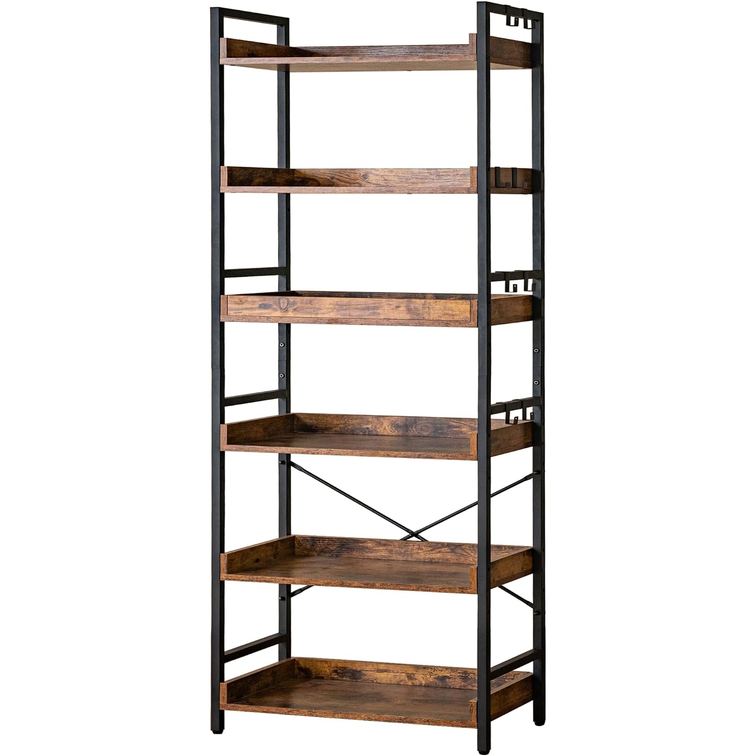 Hchqhs Adjustable 6 Tier Open Bookcase, Rustic Farmhouse Book Shelves, Industrial Wood And Black Metal Bookshelves, Mid Century Bookcase For Home Office Living Room Bedroom