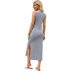 Ofeefan Summer Dresses For Women 2026 V Neck Sleeveless Casual Dress Elegant Work Long Midi Dresses For Women Tie Waist