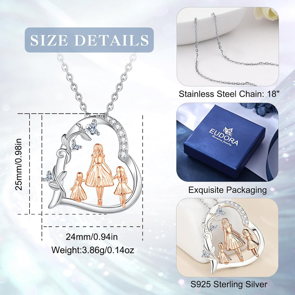 EUDORA Sterling Silver Mother Daughter Necklace for Women, Mama Son Daughter Necklace Pendant for Mom and Daughter,Mom Jewelry from Daughter Mother's Day Gift for Mother Daughter Aunt Grandma