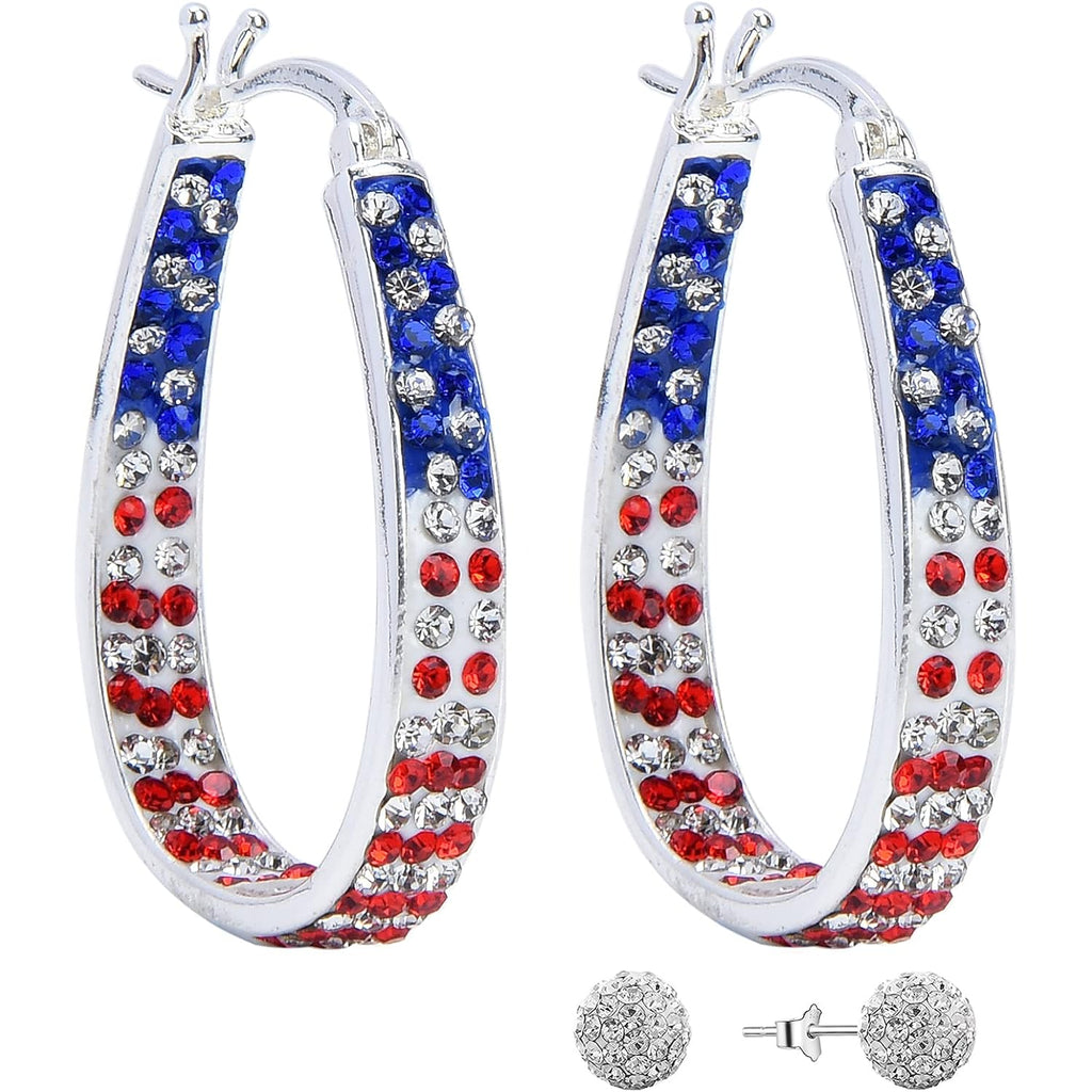 Crystal Hoop Earrings for Women Sparkly American Flag Earrings Silver Plated Red White and Blue Earrings Patriotic Jewelry Gift