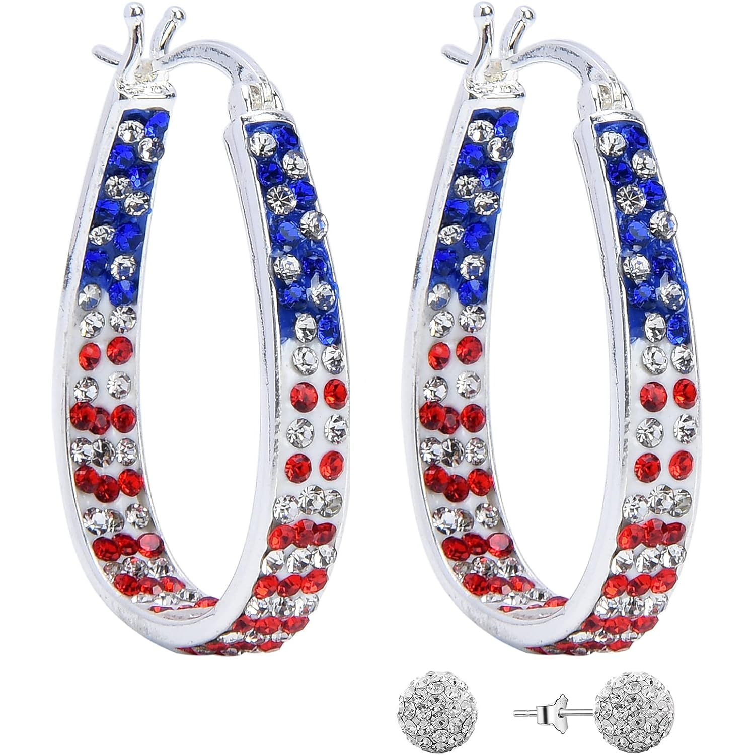 Crystal Hoop Earrings for Women Sparkly American Flag Earrings Silver Plated Red White and Blue Earrings Patriotic Jewelry Gift