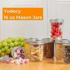 Yodecy 12 Pack 16 oz Wide Mouth Clear Mason Jars with Silver Metal Lids, Canning Jars for Overnight Oats, Food Storage, Dry Food, Snacks, Candies and More