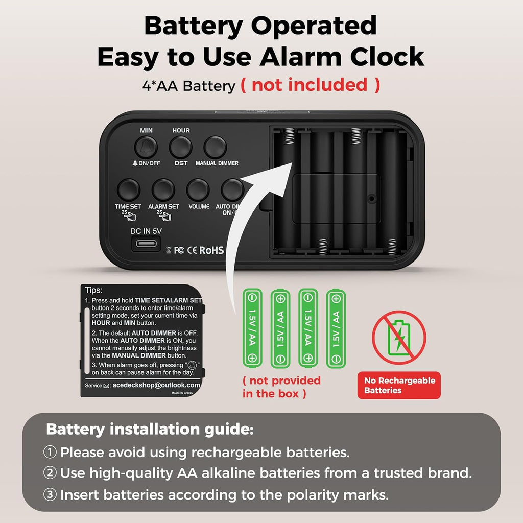 Battery Operated Alarm Clock For Bedroom Travel: Cordless Compact Large Display Digital Clock With Auto Dimming - 4 Dimmers Easy To Use For Adults Seniors Red Digits