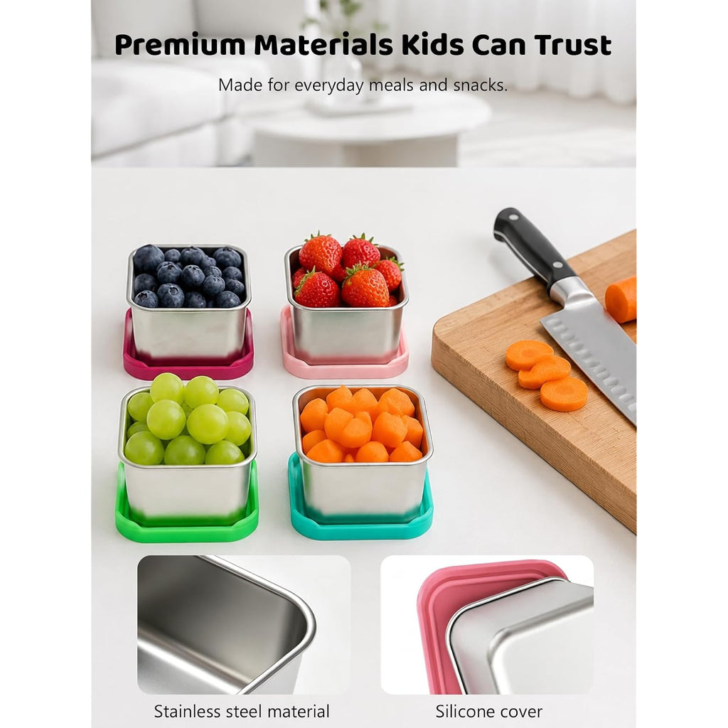 Htevw 6 Pack Stainless Steel Snack Containers For Kids, 6 Oz Toddler Snack Containers With Silicone Lids, Reusable Leak Resistant Food Containers For School Lunch, Daycare, Travel & Portion Control