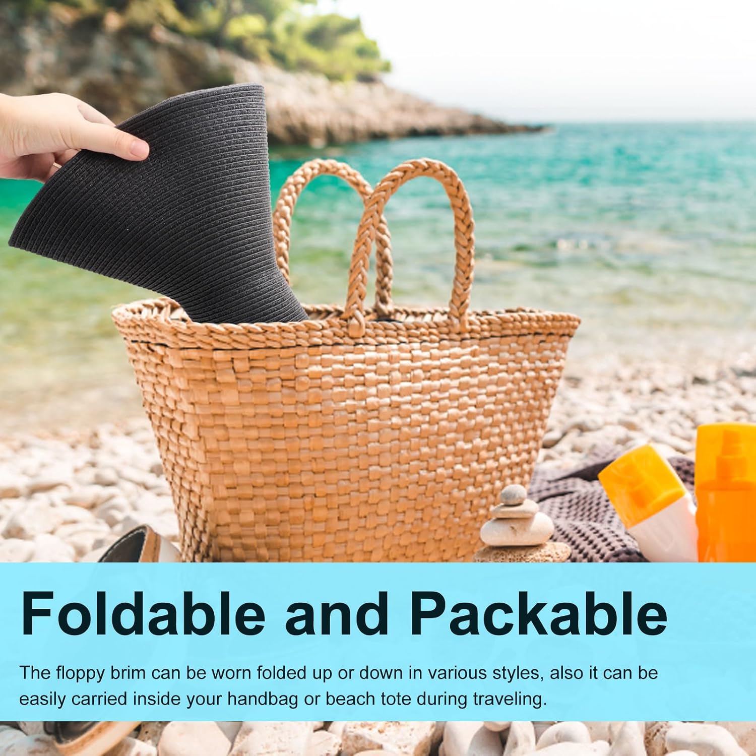 DRESHOW Big Straw Sun Hats for Women Floppy Foldable Roll up Beach Cap Sun Hat UPF 50+ Vacation Honeymoon Embroidered Hat Aca Wire: Black