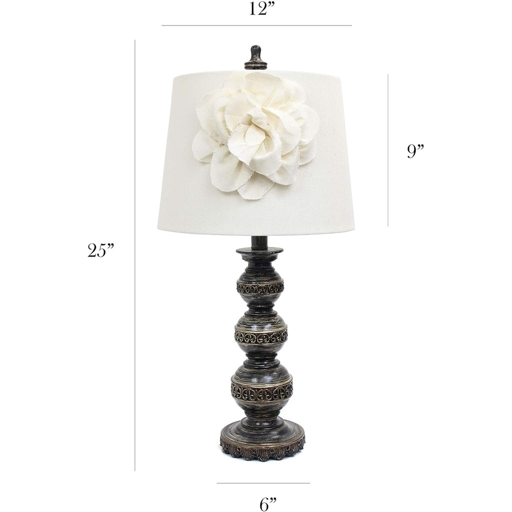 Elegant Designs Lt3097-Wht Stacked Ball Lamp With Couture Linen Flower Shade, Aged Bronze