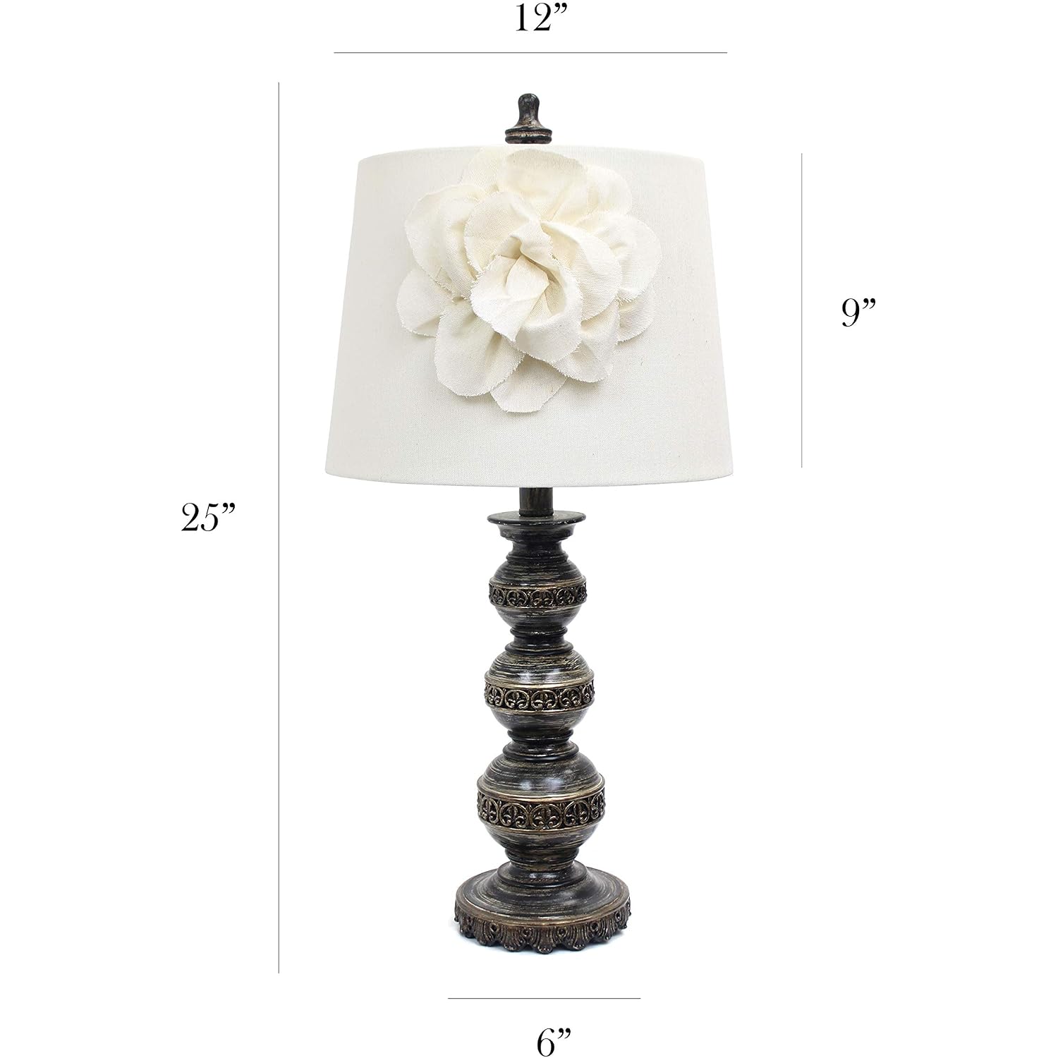 Elegant Designs Lt3097-Wht Stacked Ball Lamp With Couture Linen Flower Shade, Aged Bronze