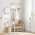 Hall Tree With Bench And Shoe Storage, 3-In-1 Coat Rack Shoe Bench, Freestanding Wooden Coat Rack With Metal Frame, 3-Tier Storage Shelf And 5 Removable Hooks, White