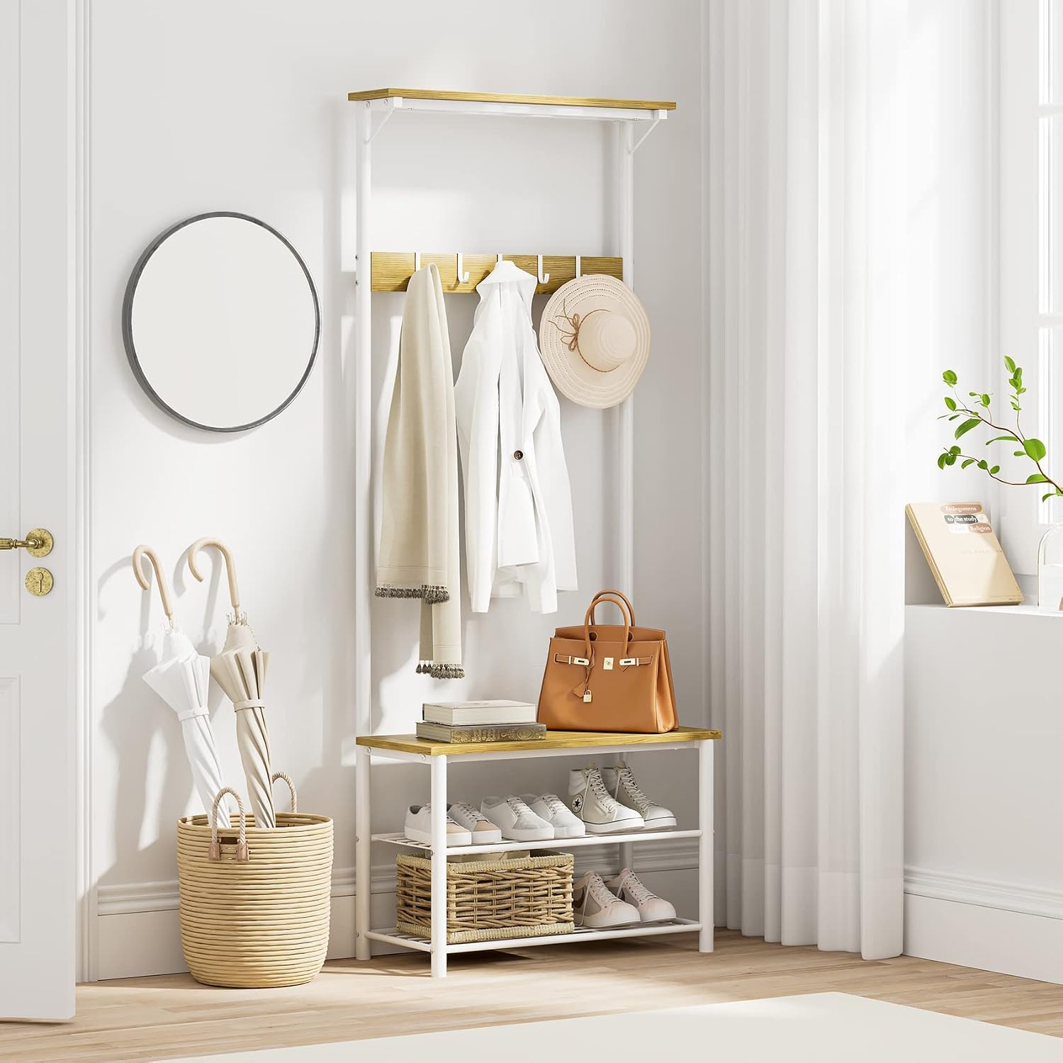 Hall Tree With Bench And Shoe Storage, 3-In-1 Coat Rack Shoe Bench, Freestanding Wooden Coat Rack With Metal Frame, 3-Tier Storage Shelf And 5 Removable Hooks, White