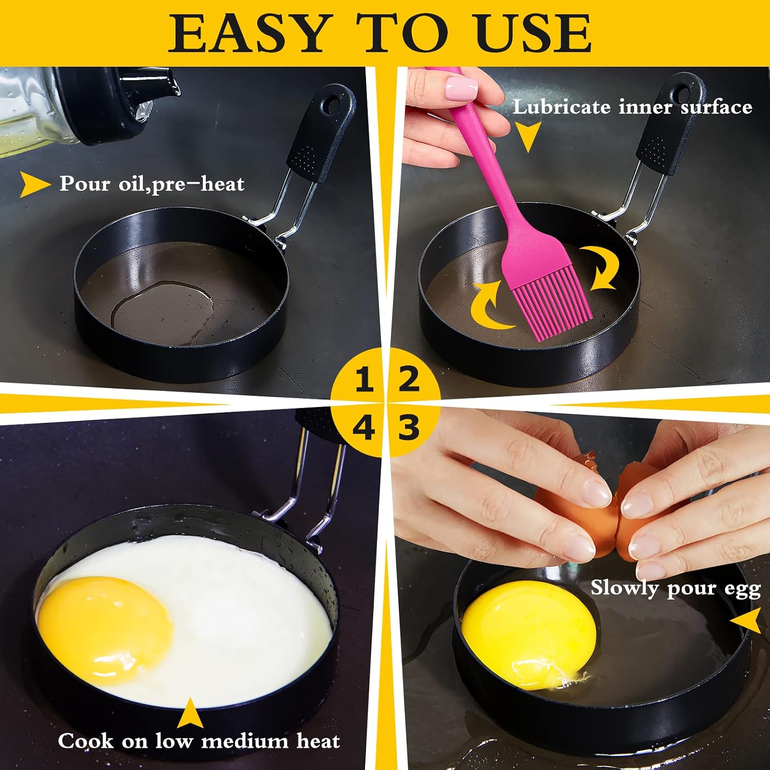3.5'' Egg Rings With Silicone Handle, Stainless Steel Egg Cooking Rings，Nonstick，For Frying Eggs And English Muffins Pancake, Egg Mold Shaper For Breakfast