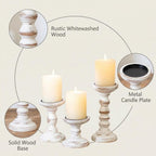 Romadedi Wood Candle Holders for Pillar Candles - Set of 3 Tall Farmhouse Wooden Candlestick Holder, Rustic Candle Stand for Fireplace Mantle Shelf Table Home Decor, Brown Whitewashed 3.9"/6"/ 8.3"