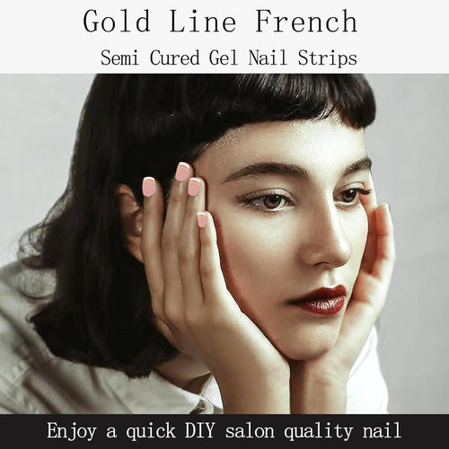 16Pcs Nude Semi Cured Gel Nail Strips Self Adhesive French Tip Gel Nail Stickers Waterproof Nails Wraps UV/LED Light Needed Long Lasting Nails Polish Strips with Gold Line Design for Women